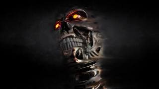 Robot glowing eyes skull face - the dark background free wallpaper