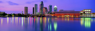 City skyline lake buildings night - purple free wallpaper for desktop