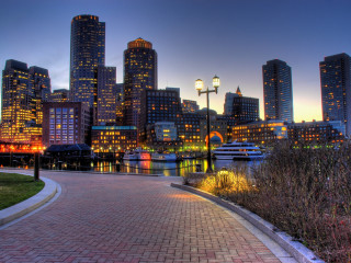 City skyline brick walkway boat - bascove free wallpaper