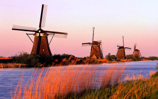 Windmills river sunset dawn clouds - arie smit free wallpaper