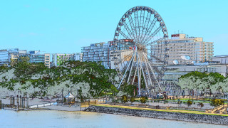 Ferris wheel city park river - pointillism free wallpaper