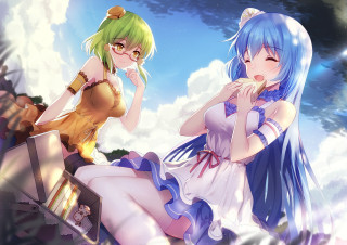 Anime girls sitting on ledge - a ledge free wallpaper