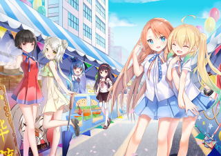 Girls group building balloons street - a group of girls free wallpaper