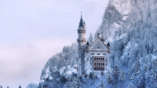 Castle tower trees snow mountains - a tower free wallpaper