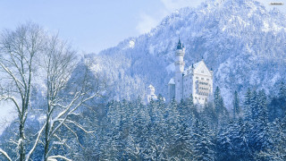 Castle snowy forest mountain blue - winter free wallpaper for desktop