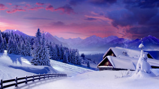 Snowy mountain cabin sunset clouds - beautiful landscape free wallpaper