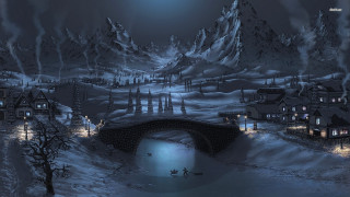 Snowy landscape bridge houses night 2 - matte fantasy painting free wallpaper