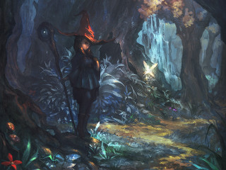 Woman forest hat staff painting - andreas rocha free wallpaper