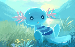Blue cartoon lake grass flower - a pink flower free wallpaper