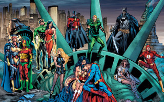 Superheroes liberty statue cityscape sky - alan davis free wallpaper