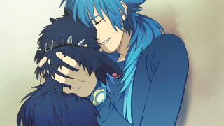 Anime couple hugging blue hair - their ear free wallpaper