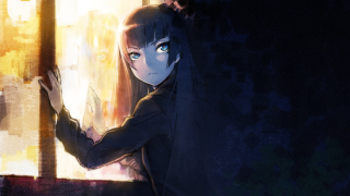 Girl blue eyes window cityscape - graffiti free wallpaper