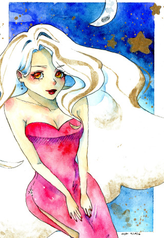 Woman pink dress moon blue - watercolor free wallpaper