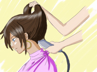 Woman ponytail holding hair smiling - realism free wallpaper