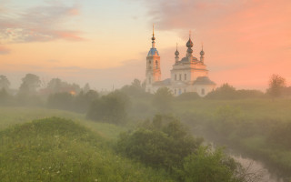 Church towers hill river sunset - two tower free wallpaper