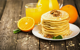 Pancakes nuts oranges orange juice - a stack of pancakes free wallpaper
