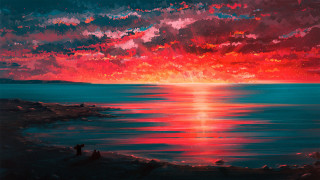 Sunset water shore people reflection - metaphysical painting free wallpaper