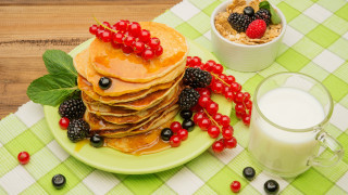 Pancakes berries milk food photography - tablecloth free wallpaper