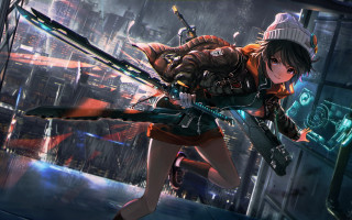 Cyberpunk girl cityscape sword beanie - a gun in a city free wallpaper