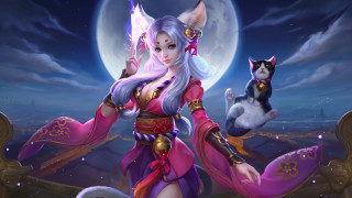 Pink dress woman cat fullmoon - a chair in front free wallpaper