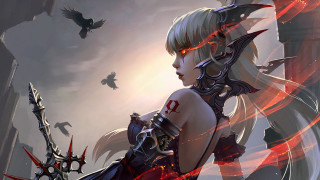 Woman sword demon birds glowing - a fantasy setting free wallpaper
