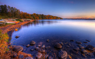 Lake rocks trees sunset boat - the water free wallpaper