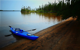 Blue kayak lake shore trees - allen tupper true free wallpaper