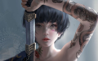 Tattooed woman sword fantasy art - serious free wallpaper for desktop