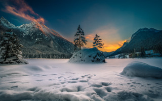 Snowy mountain landscape sunset city - sunset free wallpaper