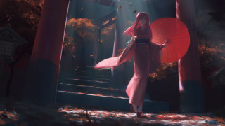 Woman pink dress umbrella forest - art station free wallpaper