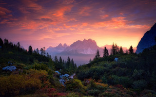 Mountain sunset clouds trees cityscape - derold page free wallpaper