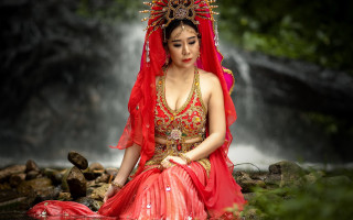 Woman red dress waterfall portrait 2 - a waterfall free wallpaper for desktop