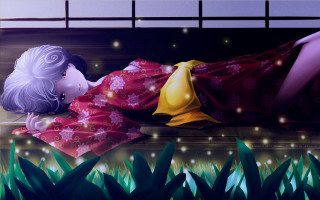 Woman kimono bed plant fireflies - firefly free wallpaper