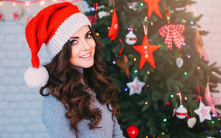 Santa hat christmas tree fur - a brick wall behind her free wallpaper