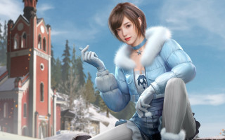 Woman sitting urban snow fur - a ledge in front free wallpaper