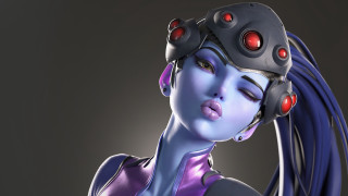 Futuristic woman purple hair red - blue hair free wallpaper