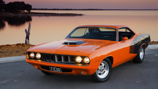 Orange muscle car lake sunset - a lake in the background free wallpaper