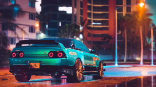 Green car night lights blurry - the side of the road free wallpaper