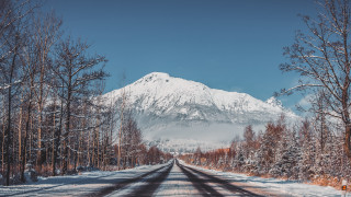 Snowy road mountains trees blue - a snowy road free wallpaper