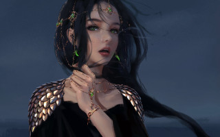 Fantasy woman black hair green - art station free wallpaper