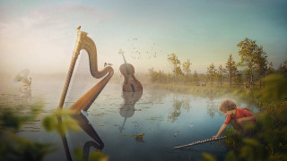 Woman harp lake birds matte - her free wallpaper
