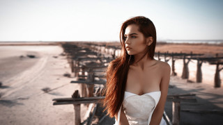 Red haired woman beach wooden - long red hair free wallpaper