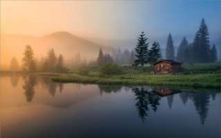 Small cabin lake mountains fog - a small cabin free wallpaper