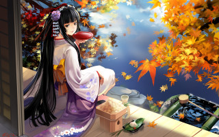 Autumn kimono woman porch leaves - a porch free wallpaper