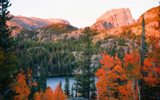 Mountain lake trees rocks autumn - ansel adams free wallpaper