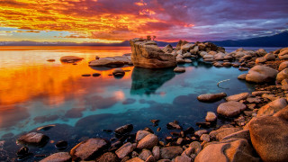Lake rocks water sunset clouds - under free wallpaper for desktop