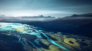 River mountains night stars clouds - an airplane window free wallpaper