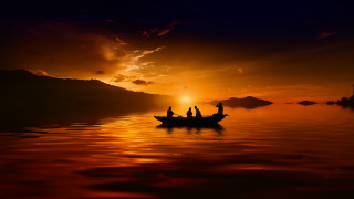 Sunset boat water clouds horizon 2 - free ship wallpaper