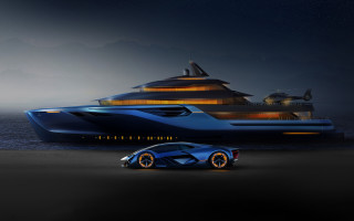 Blue sports car boat moon - full free wallpaper