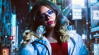 Woman glasses bluejacket citynight cyberpunk - glass free wallpaper